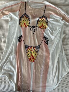 Women’s Novelty Bikini Print Nightshirt - White with Yellow Flame Print